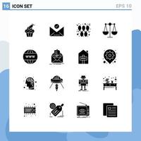 Modern Set of 16 Solid Glyphs Pictograph of online scales select justice holidays Editable Vector Design Elements