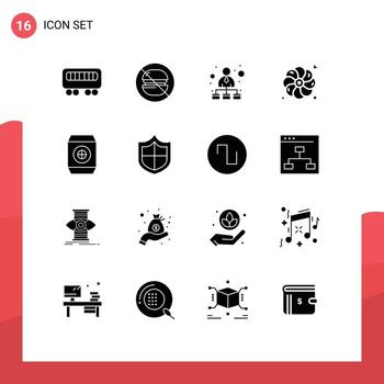 paquete de 16 signos y símbolos de glifos sólidos modernos para medios de impresión web como alimentos antivirus estructura jerárquica bebida naturaleza elementos de diseño de vectores editables