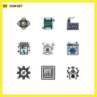 9 colores planos universales de línea de relleno establecidos para aplicaciones web y móviles elementos de diseño de vector editables de factura de café de construcción de taza de día