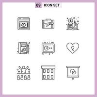 Group of 9 Outlines Signs and Symbols for learning profile luggage book distributed Editable Vector Design Elements