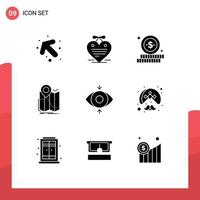 Editable Vector Line Pack of 9 Simple Solid Glyphs of view eye shopping route map Editable Vector Design Elements