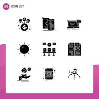 9 glifos sólidos vectoriales temáticos y símbolos editables de los elementos de diseño vectorial editables del hardware brillante del plano del sol del tren vector