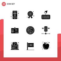 Group of 9 Solid Glyphs Signs and Symbols for network connected attach id card Editable Vector Design Elements