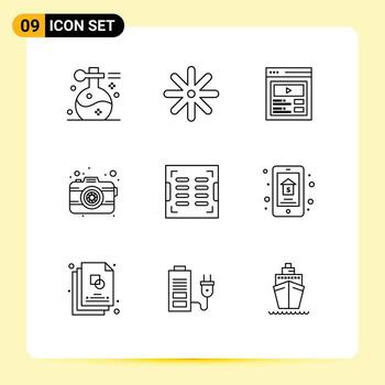 paquete de contorno de 9 símbolos universales de lente de construcción contenido personalizado fotografía cámara elementos de diseño vectorial editables vector