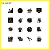 Mobile Interface Solid Glyph Set of 16 Pictograms of x security multimedia protect kitchen Editable Vector Design Elements