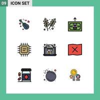 9 símbolos de signos de color plano de línea de llenado universal de elementos de diseño de vector editables de microchip de computadora portátil de economía de tarjeta