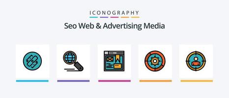 seo web y la línea de medios publicitarios llenaron un paquete de 5 íconos, incluido el velocímetro. metro. SEO tablero. acceso. diseño de iconos creativos vector