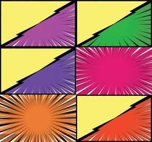 Comic book colorful frames background with halftone rays radial and dotted effects pop art style vector