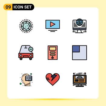 conjunto de colores planos de línea de relleno de interfaz móvil de 9 pictogramas de conexión de vehículos de cpu menos eliminar elementos de diseño de vectores editables