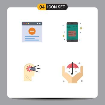 Group of 4 Modern Flat Icons Set for browser head mobile wallet cognitive insurance Editable Vector Design Elements
