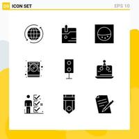 Set of 9 Vector Solid Glyphs on Grid for speaker electronics machine devices disk Editable Vector Design Elements