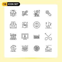 Pack of 16 Modern Outlines Signs and Symbols for Web Print Media such as flash light pertinent flashlight online Editable Vector Design Elements