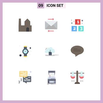 9 Universal Flat Color Signs Symbols of data upload blocks cloud time Editable Vector Design Elements