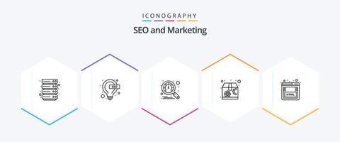 paquete de iconos de 25 líneas seo que incluye . SEO rendimiento. html posicionamiento web vector