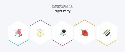 Night Party 25 Flat icon pack including drum . sweet. mic. strawberry. night vector