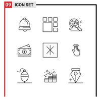 Group of 9 Outlines Signs and Symbols for refrigerator fridge find usa money Editable Vector Design Elements