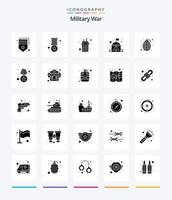 Paquete de iconos negros sólidos de 25 glifos de guerra militar creativa, como una granada. carpa. investigación. militar. Ejército vector