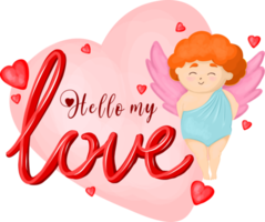 pegatina de cupido, con corazones y decoración romántica. feliz día de san valentín. hola mi amor. corazón rosa. ángel cupido personaje png