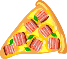 Slice of pizza with bacon and basil. Appetizing hand drawn pizza slice png