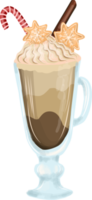 Cup with winter hot coffee. Cappuccino or cocoa with decoration. cream, marshmallow and caramel tube. png