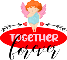 Cupid sticker, with hearts and romantic decor. Happy valentines day.forever together.pink heart. angel cupid character. png