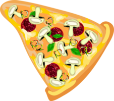 skiva av pizza med salami, svamp och basilika. aptitlig hand dragen pizza skiva. png