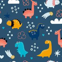 Baby pattern with dinosaurs. Vector hand-drawn colored seamless repeating baby pattern with cute dinosaurs in Scandinavian style. Cute baby animals.