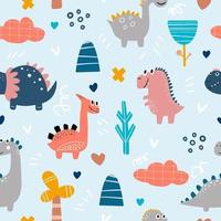 Baby pattern with dinosaurs. Vector hand-drawn colored seamless repeating baby pattern with cute dinosaurs in Scandinavian style. Cute baby animals.