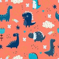 Baby pattern with dinosaurs. Vector hand-drawn colored seamless repeating baby pattern with cute dinosaurs in Scandinavian style. Cute baby animals.