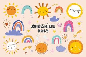 Cute sun flat vector illustrations set. Yellow childish sunny emoticons collection. Smiling sun with sunbeams cartoon character, colorfull rainbows and more items.