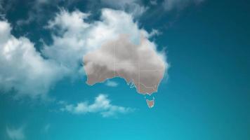 australia country map with zoom in Realistic Clouds Fly Through. camera zoom in sky effect on australia map. Background Suitable for Corporate Intros, Tourism, Presentations. video