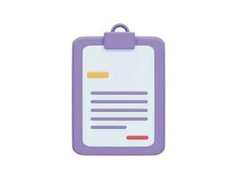 Paper document clipboard with 3d vector icon cartoon minimal style