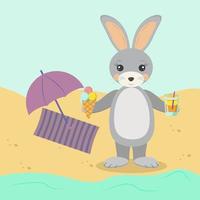 rabbit with ice cream and juice on the shore on the warm sand resting vector