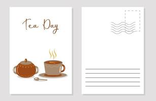 a mock-up of a greeting card for tea day, a cup of hot fragrant tea and a sugar bowl vector