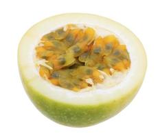 Yellow passion fruit cut in half isolated on white background. photo