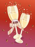 Glasses of champagne for the New Year with red background vector