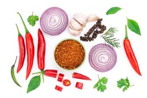 Composition of various herbs and spices vegetables rosemary pepper onion, garlic, fresh red chili, and garden mix for healthy food. isolated on white background, top view photo
