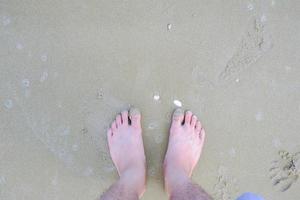 men's feet Standing on a sandy beach, at the seashore with shells buried in the sand. photo