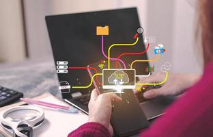 cloud icon concept of big data access, global network connection, data search, use of computing resources to make transactions with internet technology online and Cyber Security Data Protection. photo
