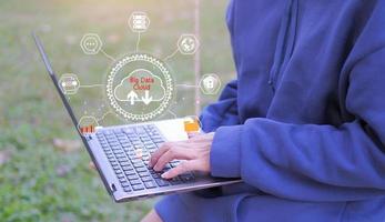 cloud icon concept of big data access, global network connection, data search, use of computing resources to make transactions with internet technology online and Cyber Security Data Protection. photo