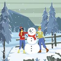 Couple Build a Snowman In Snowy Field Concept vector