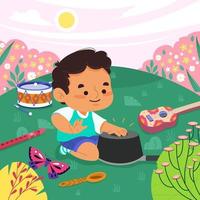 Boy Playing Music Instruments In The Garden Concept vector