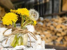 Woodpile of birch firewood. A bouquet of yellow and white dandelions in a glass jar. Preparation of wood for the oven.
