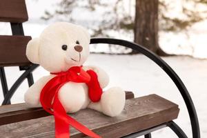 Sad Teddy bear in winter, lost and forgotten. Teddy bear alone on a bench in the winter. photo