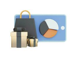 online shopping, gift box and chart with 3d vector icon cartoon minimal style