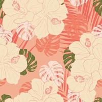 flores de hibisco y hojas de fondo transparente. papel de regalo de naturaleza tropical o diseño textil. hermoso estampado con flores exóticas dibujadas a mano. vector