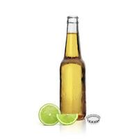 Beer bottle with lemon on white background photo