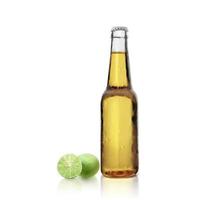 Beer bottle with lemon on white background photo