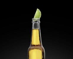 beer bottle with lime slice and frost on black background. 3d render photo