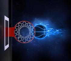 Basketball on light blue flame floating on hoop located in planet view from space 3d render photo